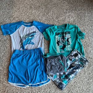 Cuddl Duds Boys Blue Shark Raglan Top & Shorts Set + Green 'Sk8er' Graphic Tee.